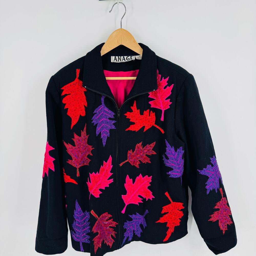 Anage Vintage Black Beaded Leaf Appliqué Jacket Zip Front Cotton 1X